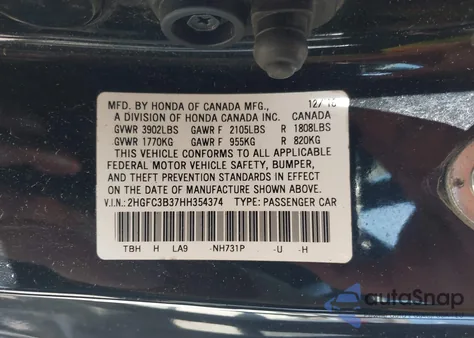 2017 Honda Civic Ex-T from USA, damaged, VIN 2HGFC3B37HH354374